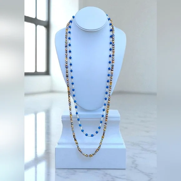 Blue Gemstone White Rice Pearl Gold Purple Peaco Pearl Beaded Necklace Bundle - Picture 6 of 16